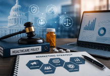 Policy Is Now a Marketing Variable: How Pharma Marketers Must Adapt to Constant Regulatory Change Pharmaceutical marketing strategy with healthcare policy binder, gavel, pill bottle, and laptop showing analytics in a modern office setting