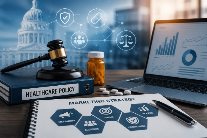 Pharmaceutical marketing strategy with healthcare policy binder, gavel, pill bottle, and laptop showing analytics in a modern office setting