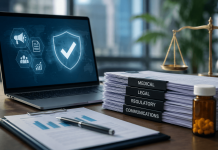 Press Releases Are Now Promotional: Why Pharma Comms Needs an MLR Mindset Pharmaceutical compliance office showing MLR review documents, regulatory communications, and digital compliance monitoring tools