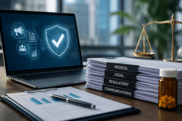 Pharmaceutical compliance office showing MLR review documents, regulatory communications, and digital compliance monitoring tools