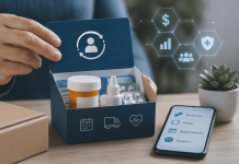 Subscription Models Are Changing Patient Behavior: What Pharma Marketers Need to Rethink Patient using a subscription-based healthcare app with medication box and digital interface representing pharma pricing strategy