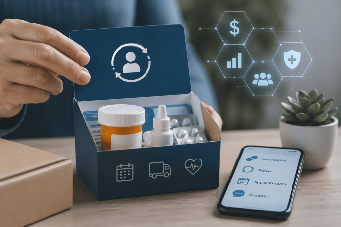 Patient using a subscription-based healthcare app with medication box and digital interface representing pharma pricing strategy