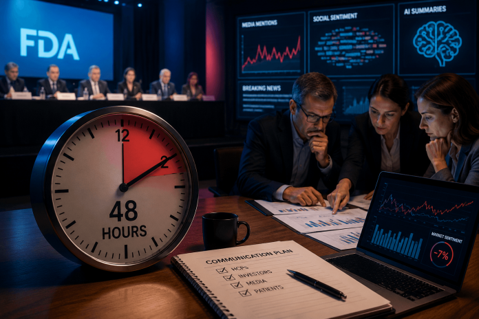Pharmaceutical communications team monitoring market sentiment and FDA advisory vote outcomes during a critical 48-hour response window.