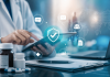 From Safety Updates to Brand Signals: Rethinking Risk Communication in Pharma Marketing Healthcare professional reviewing digital pharmaceutical safety communication data on a tablet with trust and compliance icons.
