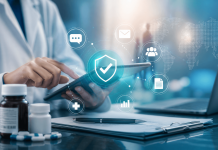From Safety Updates to Brand Signals: Rethinking Risk Communication in Pharma Marketing Healthcare professional reviewing digital pharmaceutical safety communication data on a tablet with trust and compliance icons.