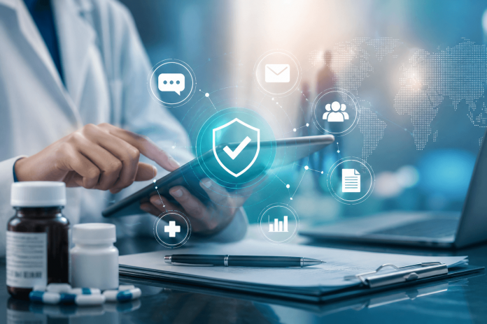 pharma-safety-communication-strategy-brand-trust Healthcare professional reviewing digital pharmaceutical safety communication data on a tablet with trust and compliance icons.
