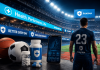 Why Pharma Is Pouring DTC Budgets Into Live Sports and Athlete Influencers Professional athlete standing inside a packed stadium surrounded by pharmaceutical branding, sports equipment, and digital healthcare advertising displays.