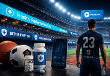 Why Pharma Is Pouring DTC Budgets Into Live Sports and Athlete Influencers Professional athlete standing inside a packed stadium surrounded by pharmaceutical branding, sports equipment, and digital healthcare advertising displays.