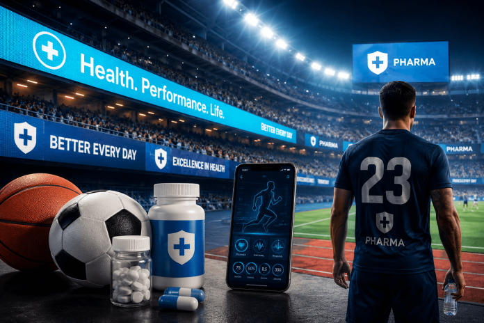 Professional athlete standing inside a packed stadium surrounded by pharmaceutical branding, sports equipment, and digital healthcare advertising displays.