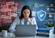 Competing with Misinformation: How Pharma Marketers Can Win in a Fragmented Health Content Landscape Healthcare professional analyzing medical information on a laptop with contrast between misinformation and evidence-based content
