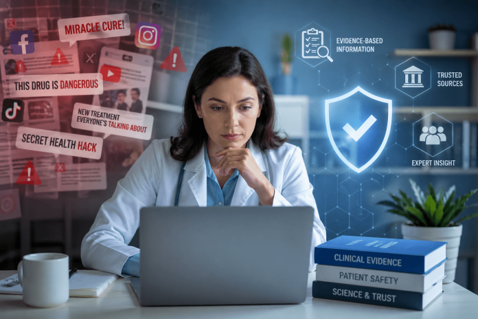 Healthcare professional analyzing medical information on a laptop with contrast between misinformation and evidence-based content