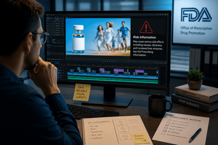 pharma-video-compliance-strategy-fda-review Pharmaceutical marketing compliance reviewer analyzing branded video content for FDA fair balance and risk disclosure requirements.