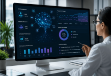 The Predictive Engine: Why Pharma Marketing Is Moving Beyond Retrospective Analytics Healthcare marketer reviewing predictive pharma marketing analytics dashboard with real-time HCP engagement and patient adherence insights