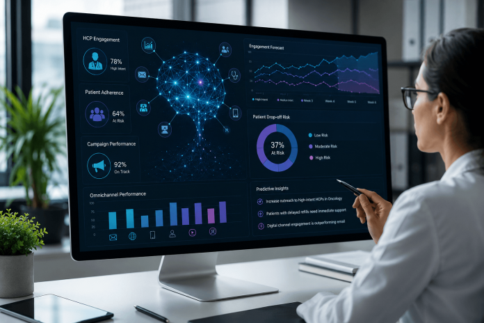 Healthcare marketer reviewing predictive pharma marketing analytics dashboard with real-time HCP engagement and patient adherence insights
