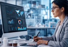 Real-Time Evidence, Real-Time Marketing: Why Static Campaigns Are Becoming a Risk Pharmaceutical marketing professional reviewing real-time clinical data dashboards and digital campaign analytics in a modern healthcare workspace.