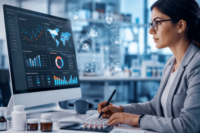 real-time-pharma-marketing-strategy-2026 Pharmaceutical marketing professional reviewing real-time clinical data dashboards and digital campaign analytics in a modern healthcare workspace.