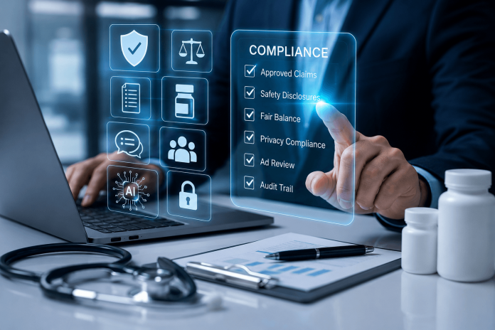telehealth-pharma-marketing-strategy-compliance-code Pharma compliance professional using AI-powered telehealth marketing compliance dashboard with real-time risk monitoring