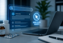 The Zero-Click Crisis: Why Pharma Websites Are Losing Traffic in the AI Search Era AI-powered medical search interface displayed beside a laptop and pharmaceutical products representing the decline of pharma website traffic in the zero-click search era