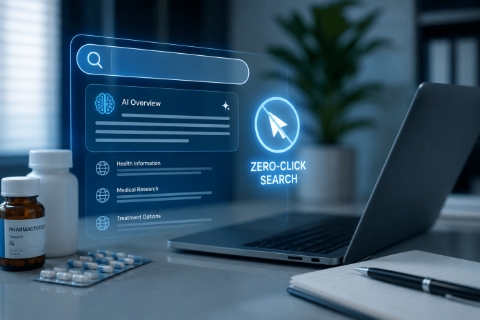 zero-click-pharma-search-strategy-ai-search-era AI-powered medical search interface displayed beside a laptop and pharmaceutical products representing the decline of pharma website traffic in the zero-click search era