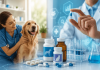 What Human Pharma Can Learn from the Booming Animal Health Market Veterinarian with a dog beside pharmaceutical research lab illustrating animal health pharma marketing and healthcare innovation