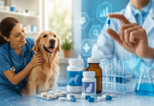 What Human Pharma Can Learn from the Booming Animal Health Market Veterinarian with a dog beside pharmaceutical research lab illustrating animal health pharma marketing and healthcare innovation