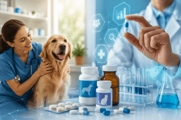 animal-health-pharma-marketing Veterinarian with a dog beside pharmaceutical research lab illustrating animal health pharma marketing and healthcare innovation