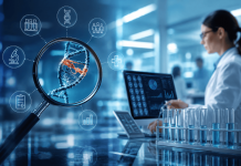 Marketing the Biomarker Before the Brand: Pharma’s New Growth Strategy Scientist analyzing biomarker data and DNA diagnostics in a modern laboratory, illustrating biomarker diagnostic marketing and precision medicine strategies in the pharmaceutical industry.