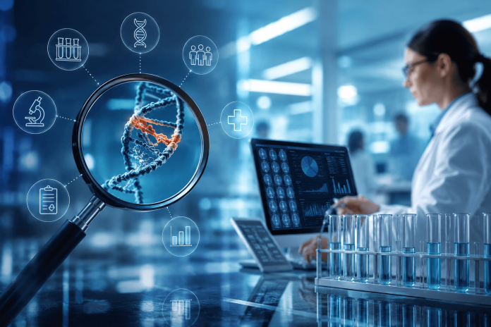 Scientist analyzing biomarker data and DNA diagnostics in a modern laboratory, illustrating biomarker diagnostic marketing and precision medicine strategies in the pharmaceutical industry.
