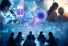 How Do You Market a Cure? Pharma’s New Commercialization Challenge Futuristic pharmaceutical commercialization concept showing gene therapy science, patient care, and biotech business strategy collaboration.