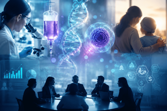 cell-and-gene-therapy-marketing-strategy Futuristic pharmaceutical commercialization concept showing gene therapy science, patient care, and biotech business strategy collaboration.