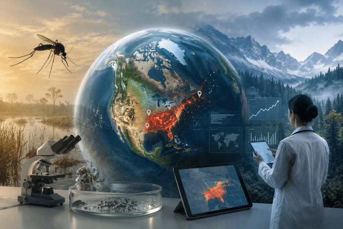 climate-triggered-disease-awareness-pharma-marketing Climate-driven disease spread visualized through predictive healthcare analytics, showing emerging infectious disease risk zones and pharmaceutical marketing intelligence.