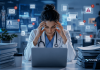 The Clinical Attention Crisis: Why Pharma Must Earn Every Second of HCP Focus Healthcare professional experiencing information overload from digital alerts, clinical content, EHR notifications, and administrative demands in a modern healthcare setting.