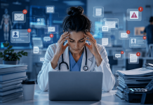 The Clinical Attention Crisis: Why Pharma Must Earn Every Second of HCP Focus Healthcare professional experiencing information overload from digital alerts, clinical content, EHR notifications, and administrative demands in a modern healthcare setting.