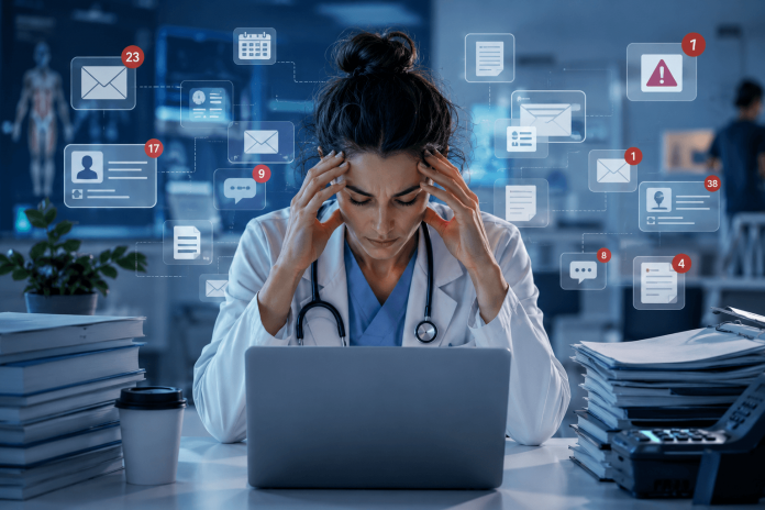 clinical-attention-economy-hcp-information-overload Healthcare professional experiencing information overload from digital alerts, clinical content, EHR notifications, and administrative demands in a modern healthcare setting.