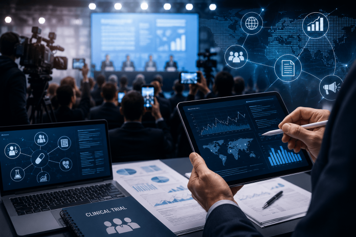 clinical-trial-data-communication-strategy Pharmaceutical communications team analyzing clinical trial results as media, investors, and digital platforms react to a major clinical data announcement.