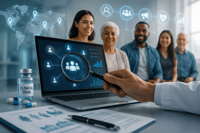 clinical-trial-recruitment-marketing-pharma Clinical researchers using digital marketing tools and patient targeting strategies to improve clinical trial recruitment and accelerate pharmaceutical research.