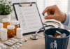 De-Prescribing Pharma Strategy: What Happens When Your Drug Makes the Cut List? Physician reviewing prescription medications during a medication review to determine which therapies should remain as part of a de-prescribing pharma strategy.