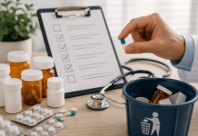 De-Prescribing Pharma Strategy: What Happens When Your Drug Makes the Cut List? Physician reviewing prescription medications during a medication review to determine which therapies should remain as part of a de-prescribing pharma strategy.