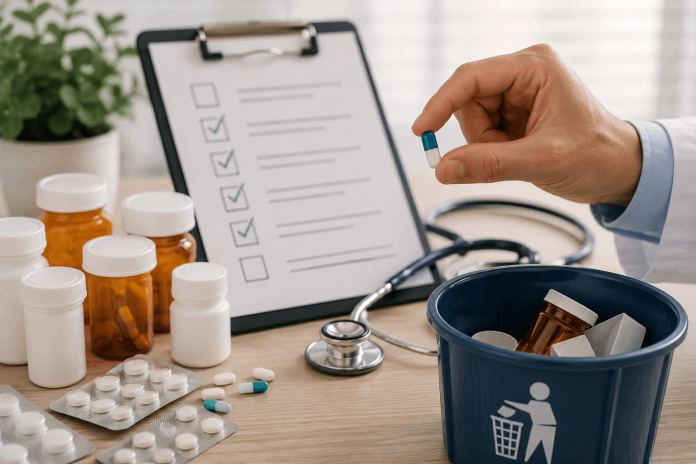 Physician reviewing prescription medications during a medication review to determine which therapies should remain as part of a de-prescribing pharma strategy.