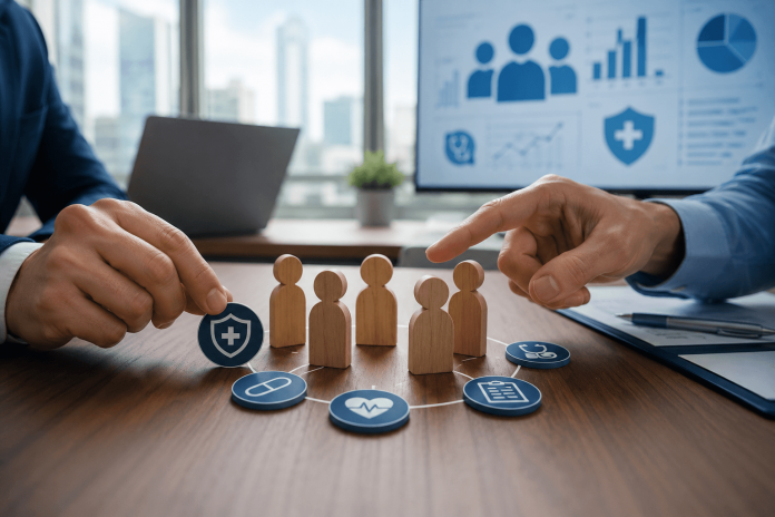 Business leaders and healthcare decision-makers reviewing employee health benefits and healthcare strategy data in a corporate meeting environment.