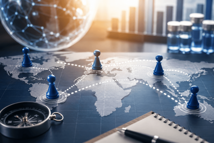 global-launch-strategy-pharma-launch-sequencing Global pharmaceutical launch strategy visualization showing interconnected international markets, launch sequencing pathways, market access planning, and global commercialization strategy.