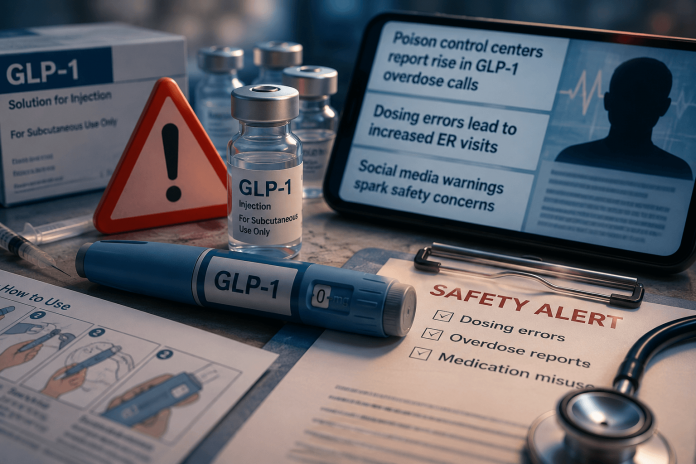 GLP-1 injection pen, medication vial, and safety warning materials illustrating overdose concerns, dosing errors, and pharmaceutical risk communication challenges.