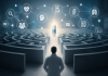 The Discovery Gap: Why Great Therapies Still Get Lost in the Healthcare Ecosystem Healthcare professional navigating a digital healthcare ecosystem maze toward a discoverable therapy, illustrating the challenge of healthcare discoverability strategy in modern pharmaceutical marketing.