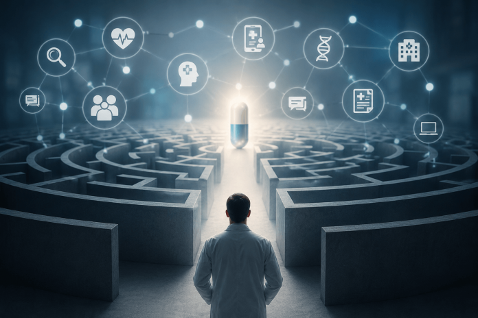 healthcare-discoverability-strategy-discovery-gap Healthcare professional navigating a digital healthcare ecosystem maze toward a discoverable therapy, illustrating the challenge of healthcare discoverability strategy in modern pharmaceutical marketing.