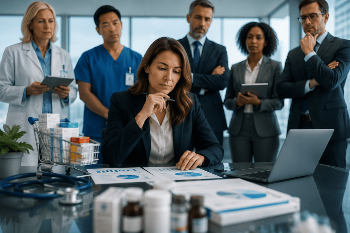 hospital-procurement-strategy-pharma-gatekeeper Hospital procurement leaders evaluating pharmaceutical vendors and healthcare purchasing decisions in a modern hospital boardroom.