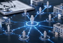 The Hidden Referral Battle: How Patient Routing Reshapes Market Share Healthcare providers, treatment centers, and patients connected through a digital referral network illustrating patient referral strategy and care routing.