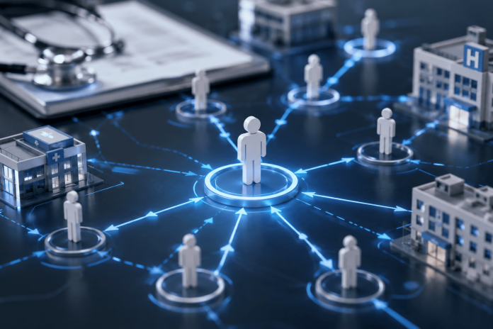 patient-referral-strategy-healthcare-network Healthcare providers, treatment centers, and patients connected through a digital referral network illustrating patient referral strategy and care routing.