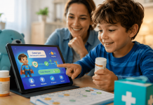 Why Gamified Pediatric Marketing Is Becoming Pharma’s New Adherence Strategy Child using a gamified healthcare app with a parent to support medication adherence and pediatric treatment engagement