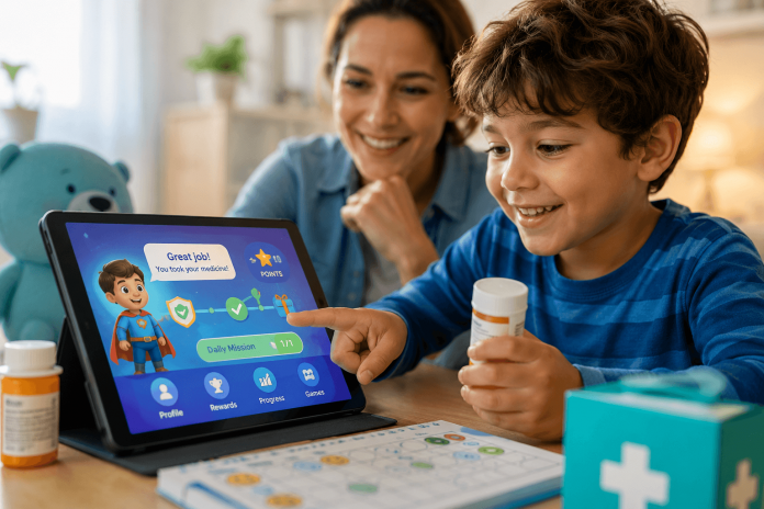 Child using a gamified healthcare app with a parent to support medication adherence and pediatric treatment engagement