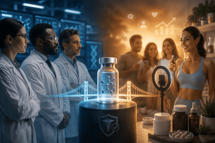 Pharmaceutical researchers and healthcare marketers contrast evidence-based peptide therapies with wellness industry marketing, highlighting trust, science, and responsible communication.